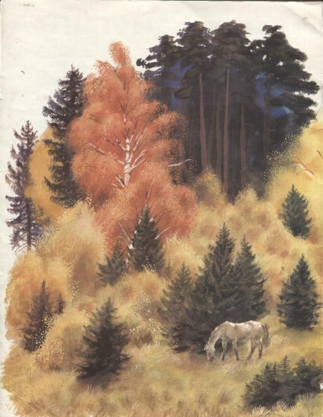 Лес точно Терем расписной лиловый золотой багряный рисунок