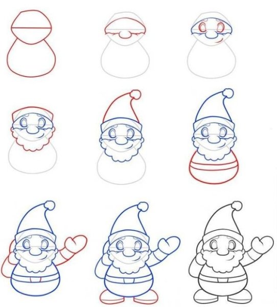 Поэтапное рисование Деда Мороза и Снегурочки