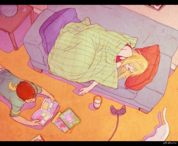Лежит на кровати рисунок