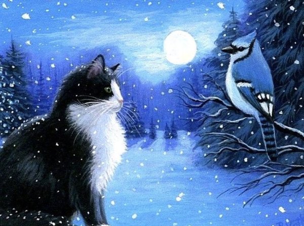 Обои на рабочий стол зима и котики Рисованные