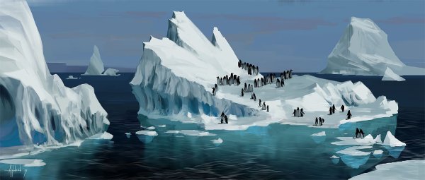 Рисование пингвины на льдине