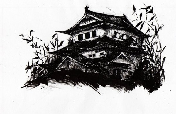 Японский пейзаж с японским домом