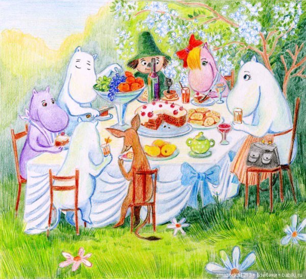 Семья Муми троллей пьет чай