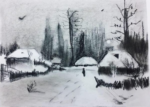 Зимний пейзаж в графике