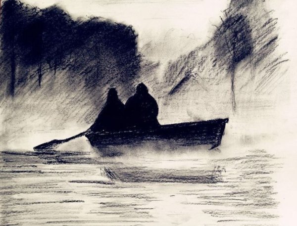 Рисование углем лодка