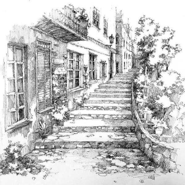 Архитектурный пейзаж тушью