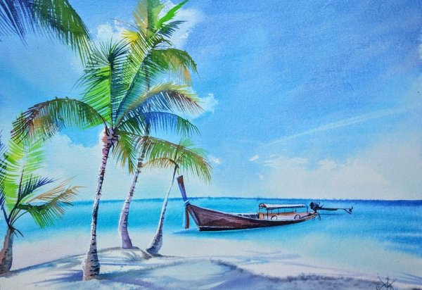 Море пальмы акварель