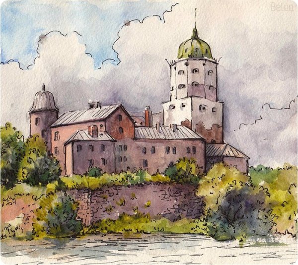 Выборгский замок акварель