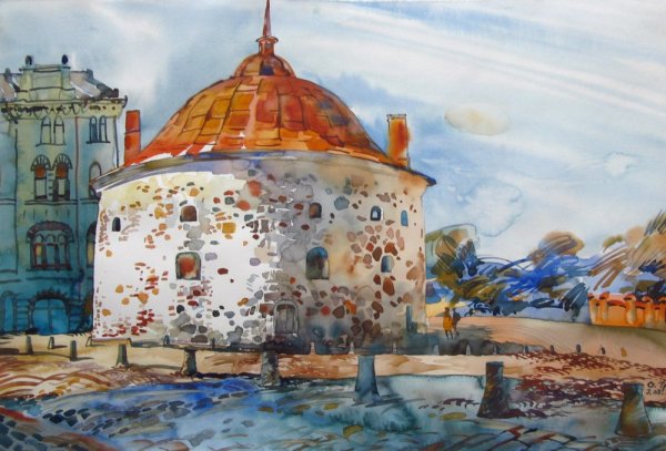 Часовая башня Выборг акварель