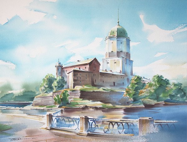 Рисование часовой башни Выборг