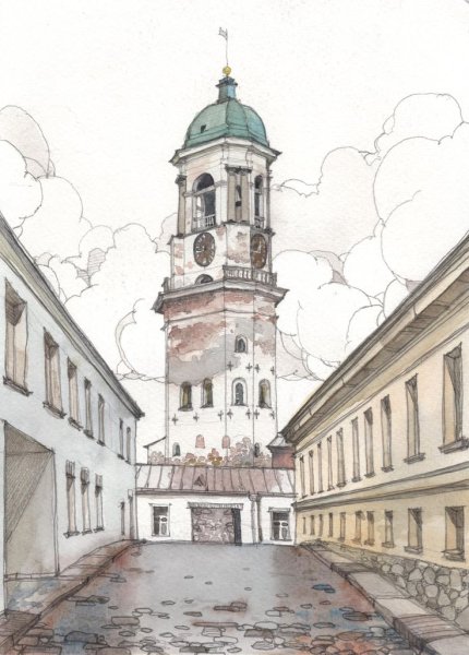 Выборгский замок акварель