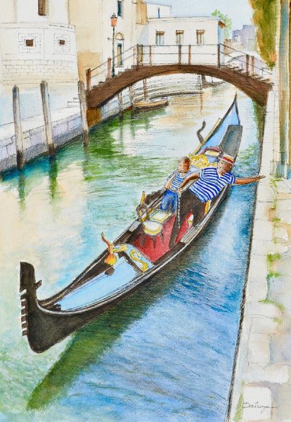 Гондола и гондольер в Венеции рисунок