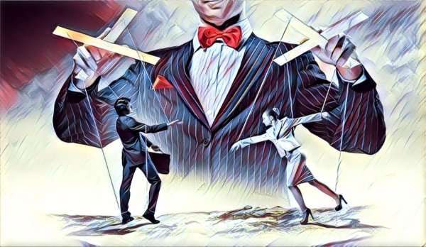 Человек управляет марионеткой арт