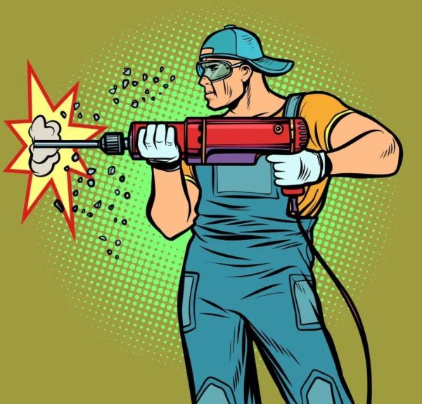 Нарисованный Строитель с перфоратором