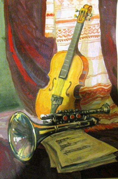 Натюрморты с музыкальными инструментами гуашью