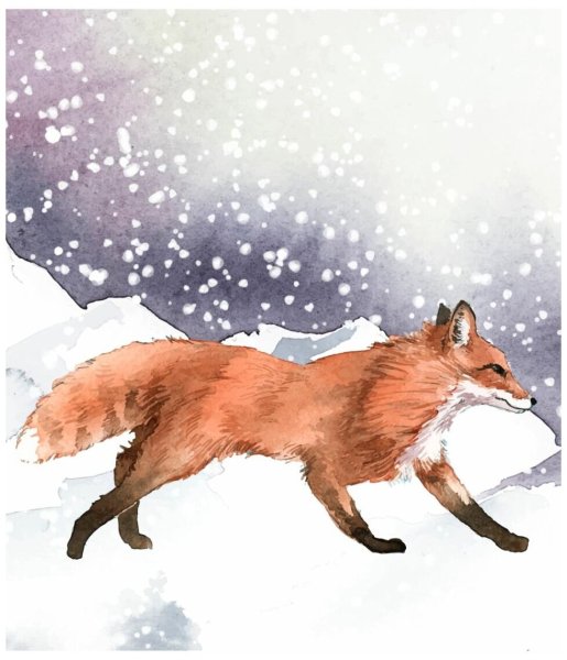 Лиса в снегу акварель
