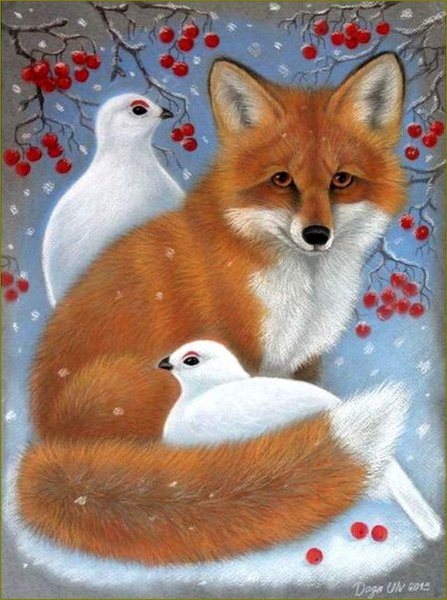 Лиса зимой живопись