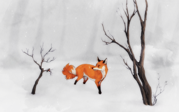 Лиса в зимнем лесу рисунок