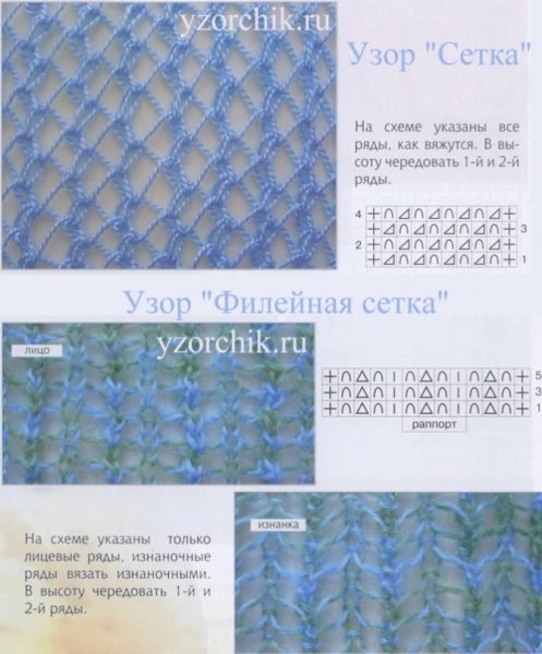 Вязание спицами узор сеточка схемы