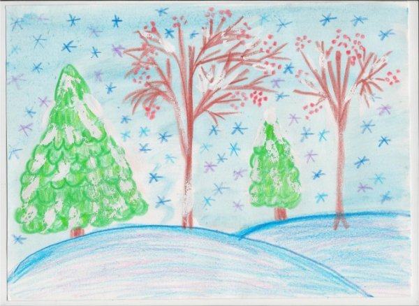 Зимний пейзаж цветными карандашами