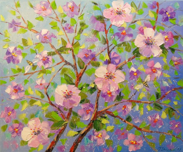 Ветка цветущей яблони акварель Ольги Абакумовой