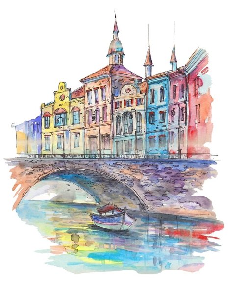 Архитектурные здания акварелью