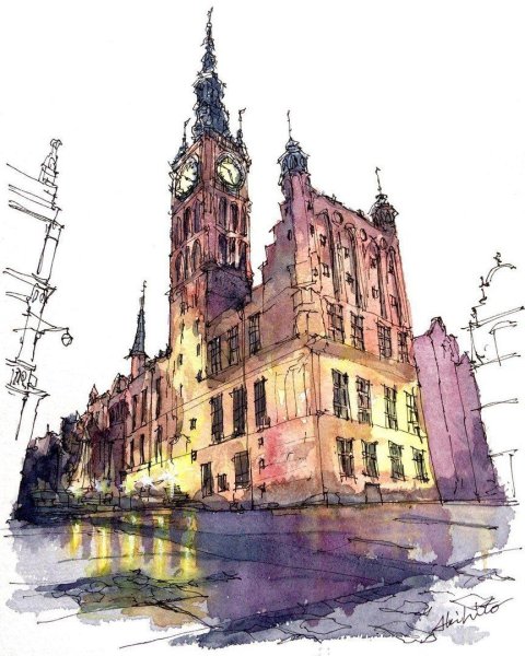 Архитектурные здания акварелью