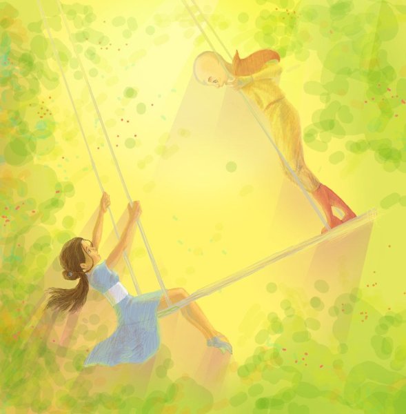 Счастливая девочка на качелях