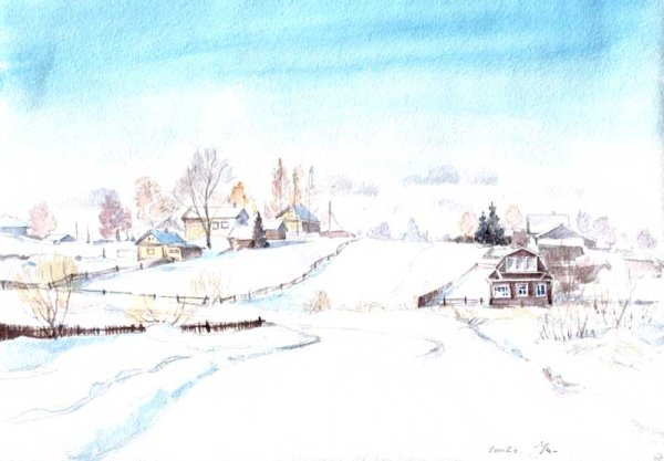 Деревня зимой мультяшная