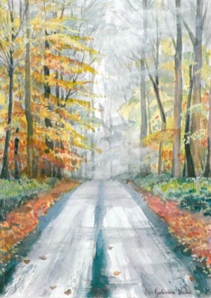 Осенняя дорога в лесу живопись