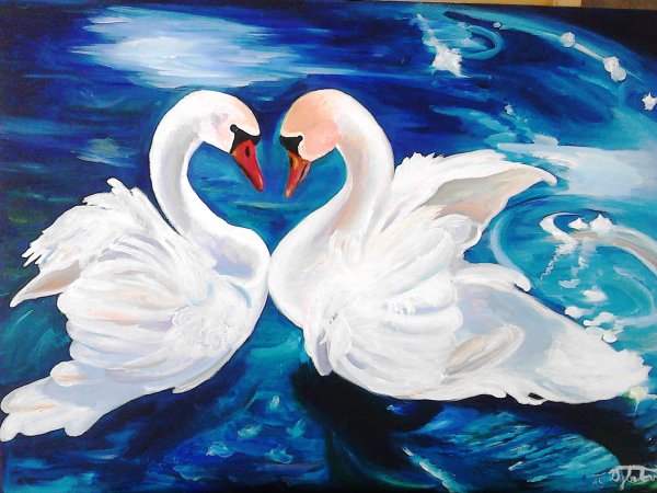 Картина акрилом лебеди