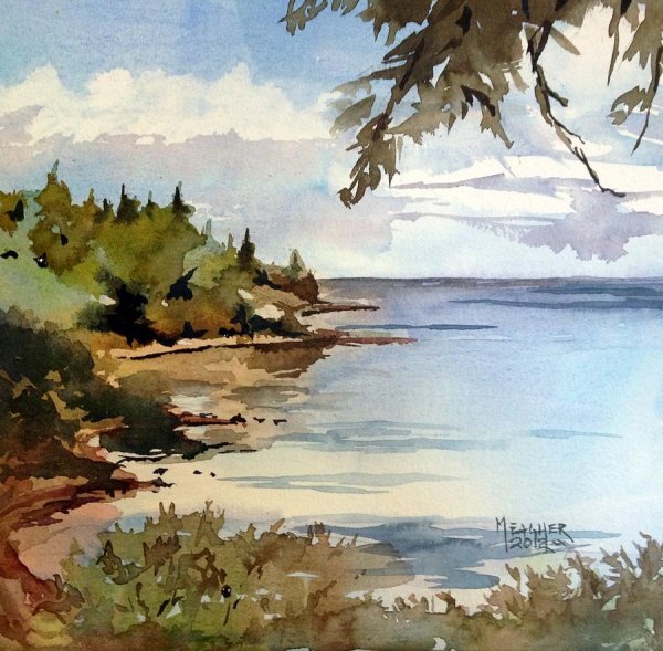 Пейзаж с озером акварелью