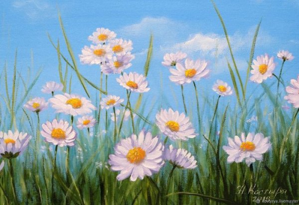 Поле ромашек гуашью