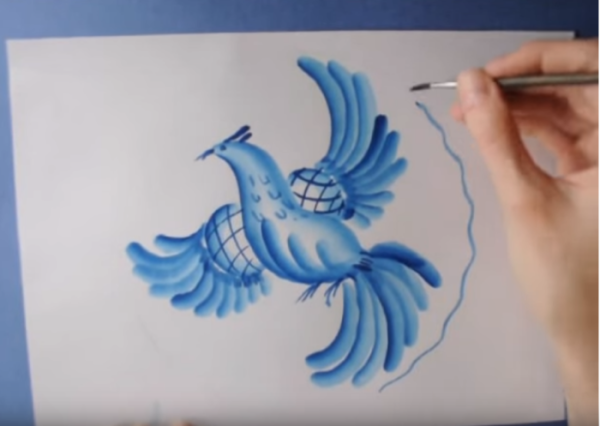 Последовательность рисования гжельской птицы