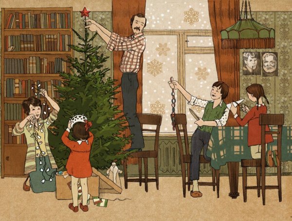 Папа наряжает елку
