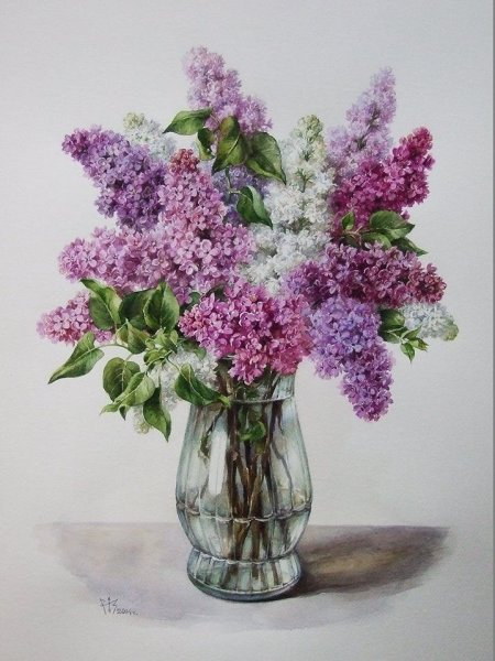 Сирень в вазе акварелью