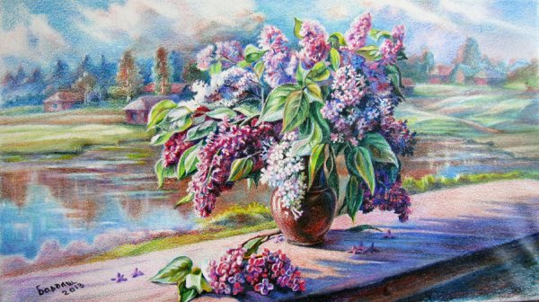 Корзина с цветами гуашью