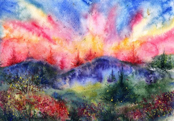 Техника по сырому акварелью