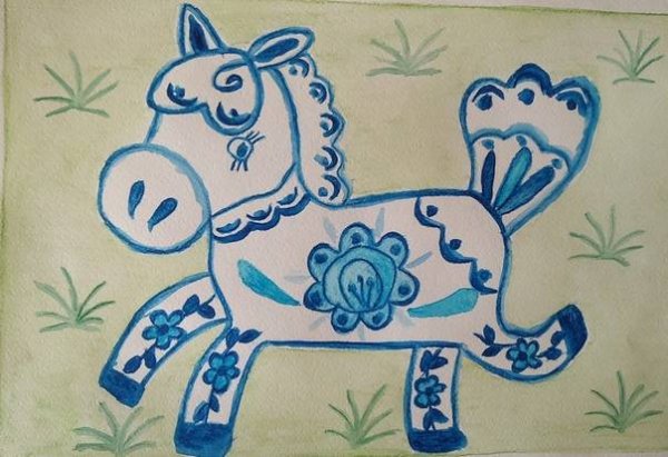 Гжель роспись для детей лошадка