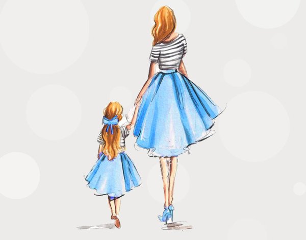 Иллюстрация мама с дочкой со спины