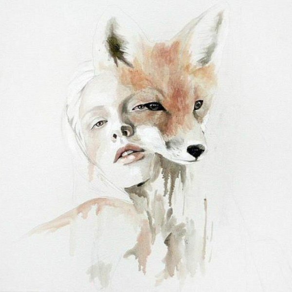 Акварелью девушка c лисой
