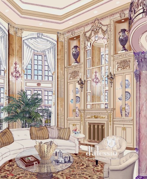 Отрисованный интерьер гостиной в стиле Барокко