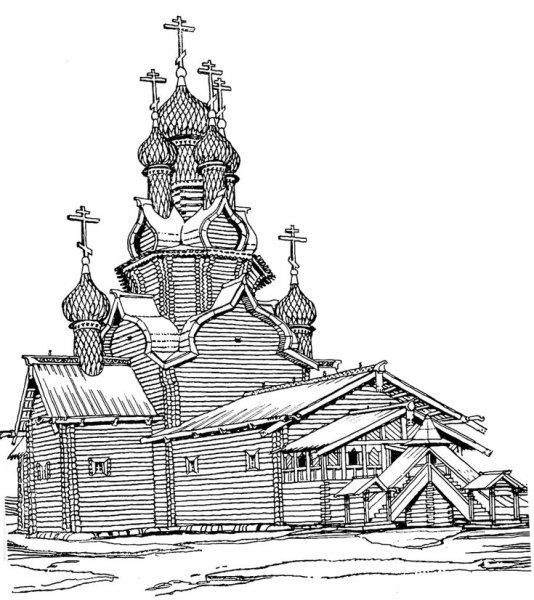 Рисунки Преображенской церкви в Кижах