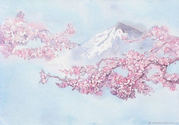 Акварель Фудзияма и Сакура