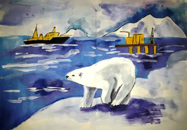 Нарисовать белого медвежонка в Арктике