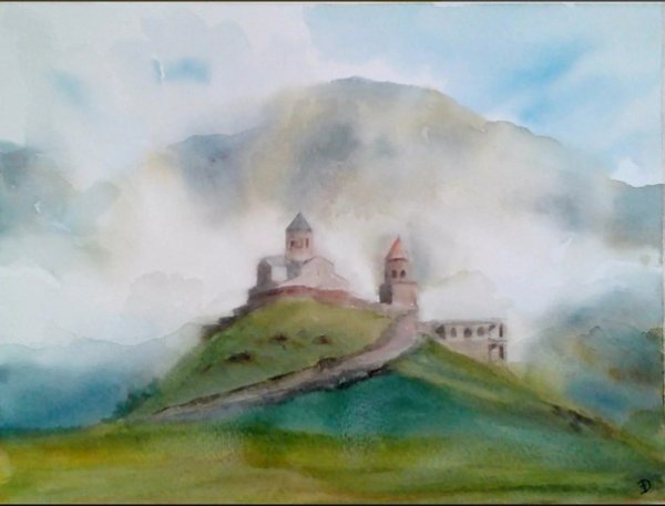 Гергети Грузия Церковь в тумане акварель