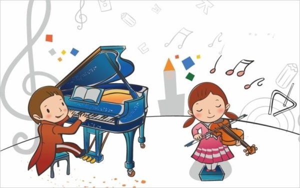 Нарисованные дети играют на музыкальных инструментах