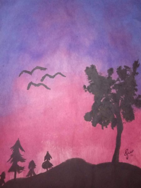 Малиновый закат акварелью легко