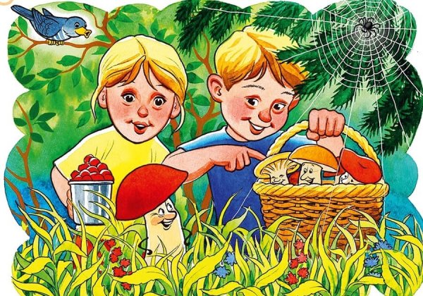 Грибник ребенок в лесу