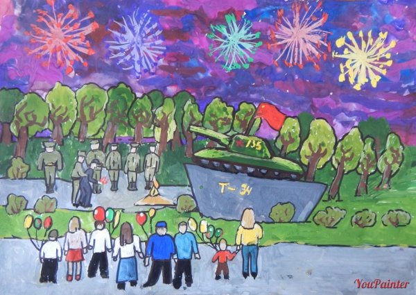 «Праздничный салют над городом» (восковые мелки + акварель)